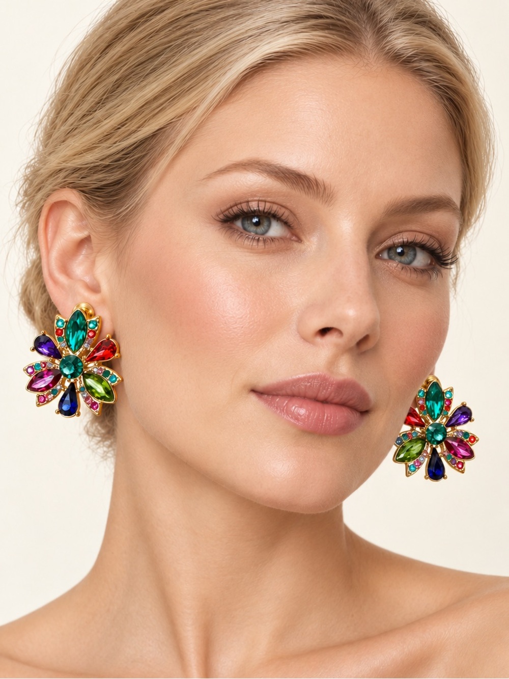 Multicolor Crystal Flower Statement Earrings - Women Jewelry